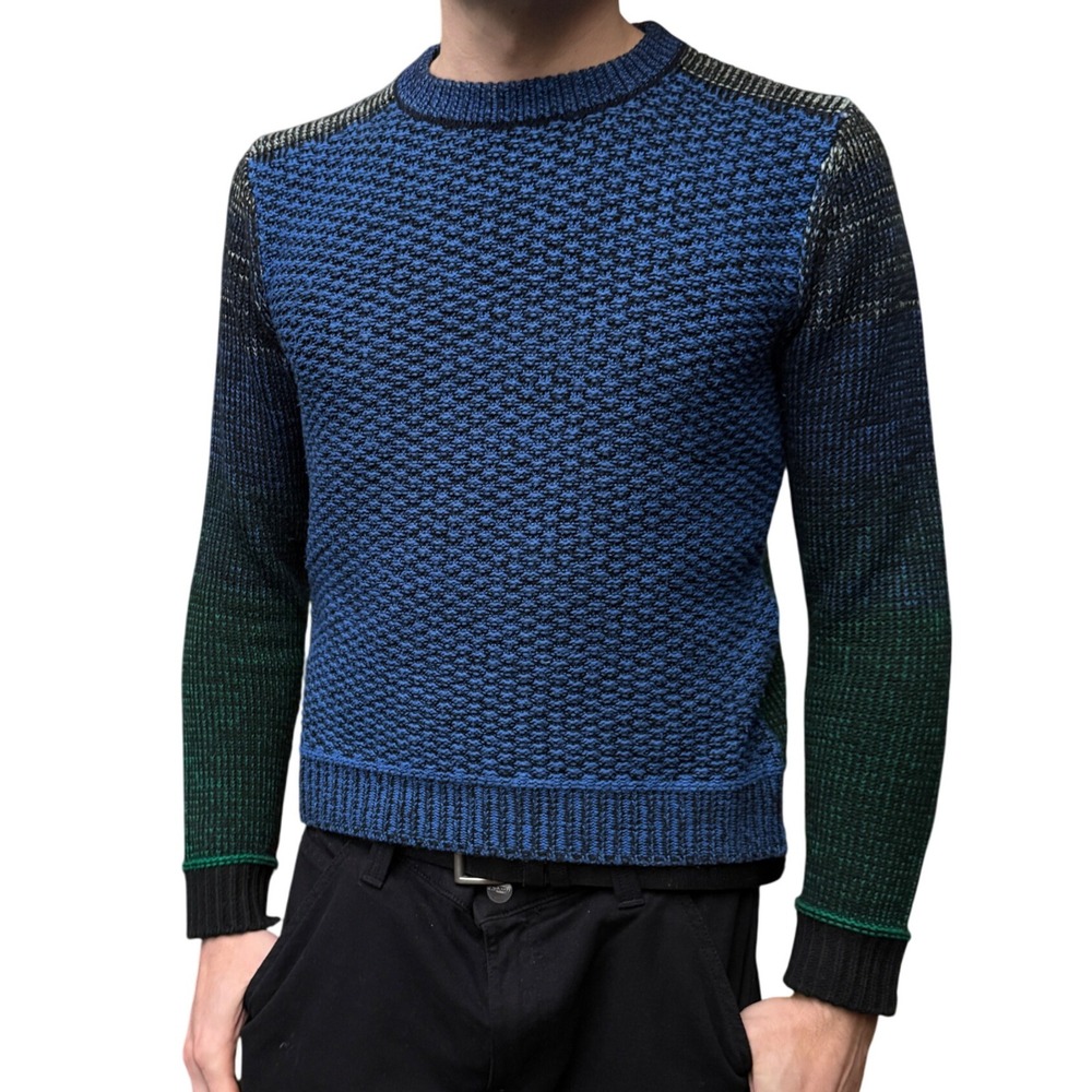 Mens Ombre Knit Sweater Blue Green Crew‎ Neck Long Sleeve Pullover